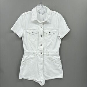 Zara Romper Womens Medium White Denim Short Sleeve Snap Front Collared Utility
